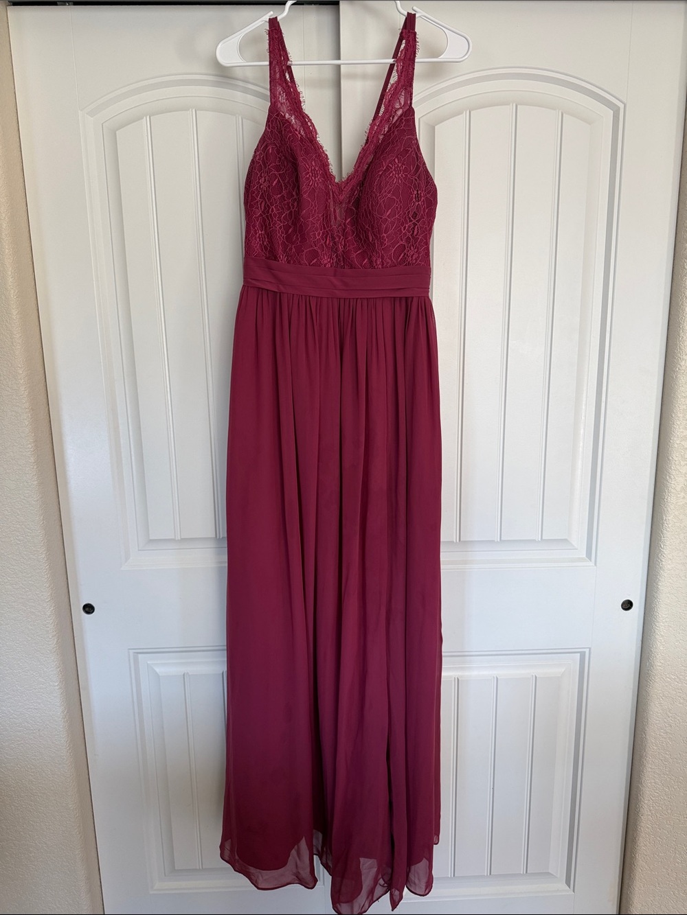 Azazie Wine Lace V-Neck Chiffon Maxi Dress